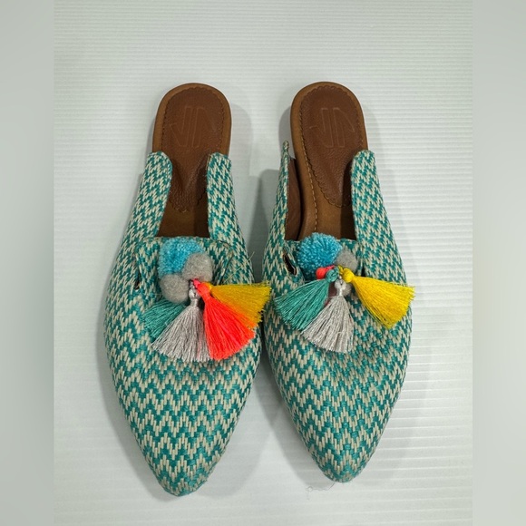 Silvia Cobos Blue Tassel Woven Mules Bright Summer Shoes Pointed Toe Low Heel 39 - Picture 1 of 14